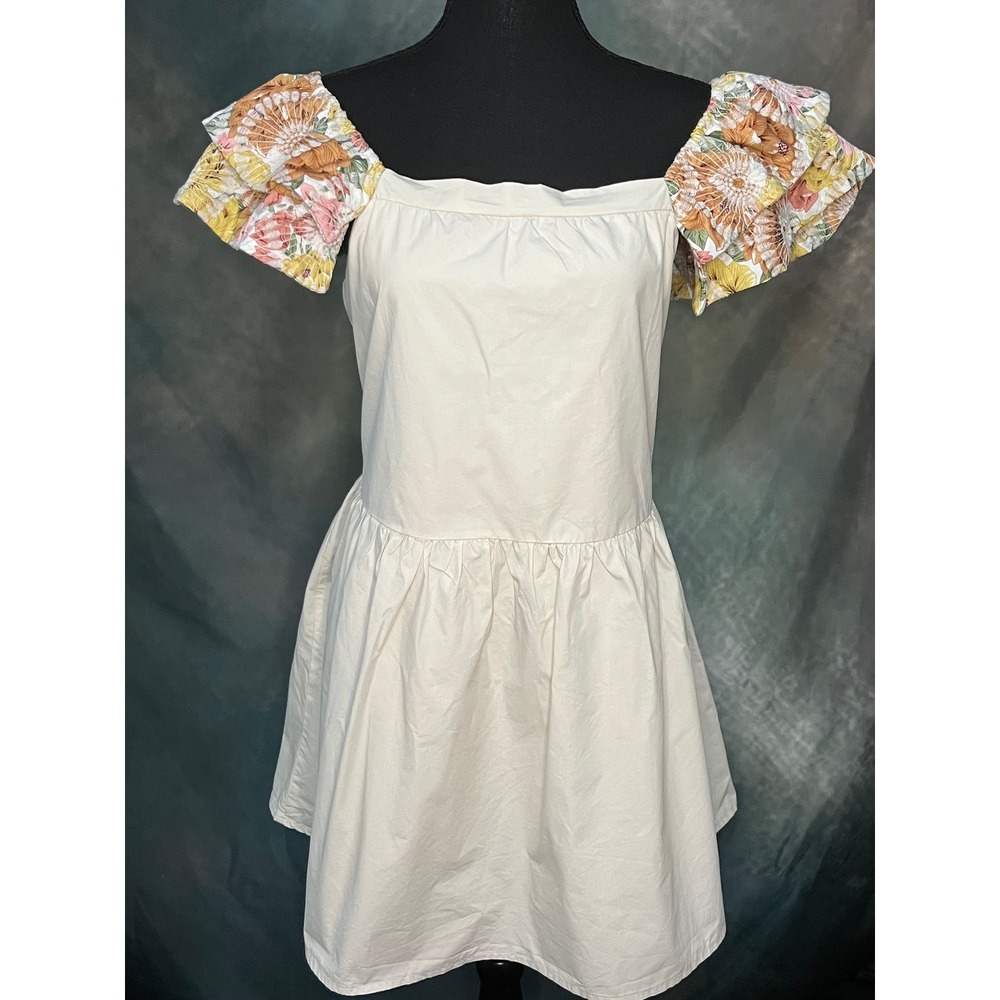 BiBi Floral Ruffle‎ Sleeve Mini Dress, Square Neck Sleeveless A-Line Tan Size Lg - Picture 2 of 10